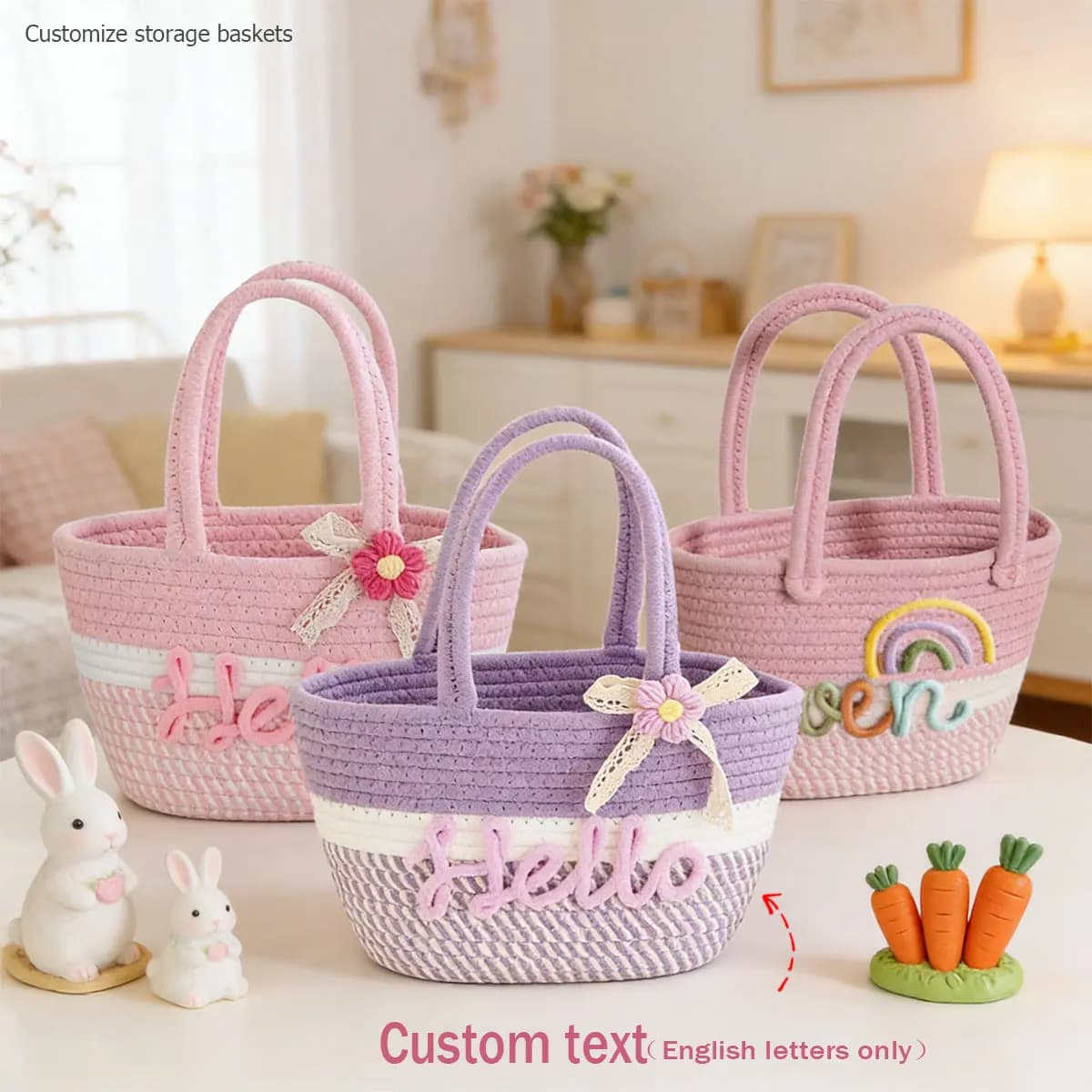 1pc personalized braided cotton yarn tote bag, customizable with your name, a cute and refreshing picnic/vacation storage basket