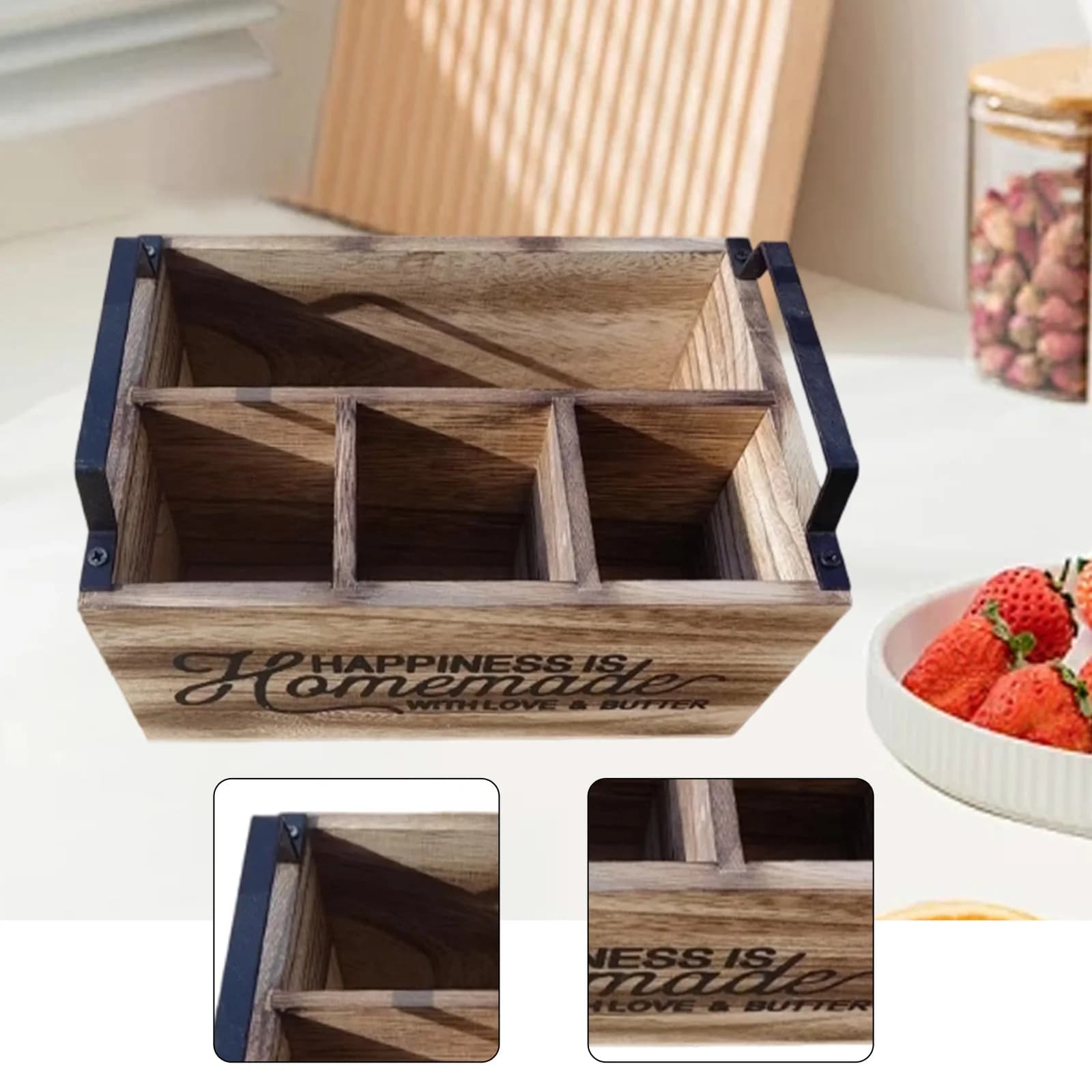 Portautensili da Cucina in Legno, Organizzatore Versatile e Portatile per Cucchiai, Coltelli, Forchette, Spatole e Utensili da Cucina, Contenitore da Bancone