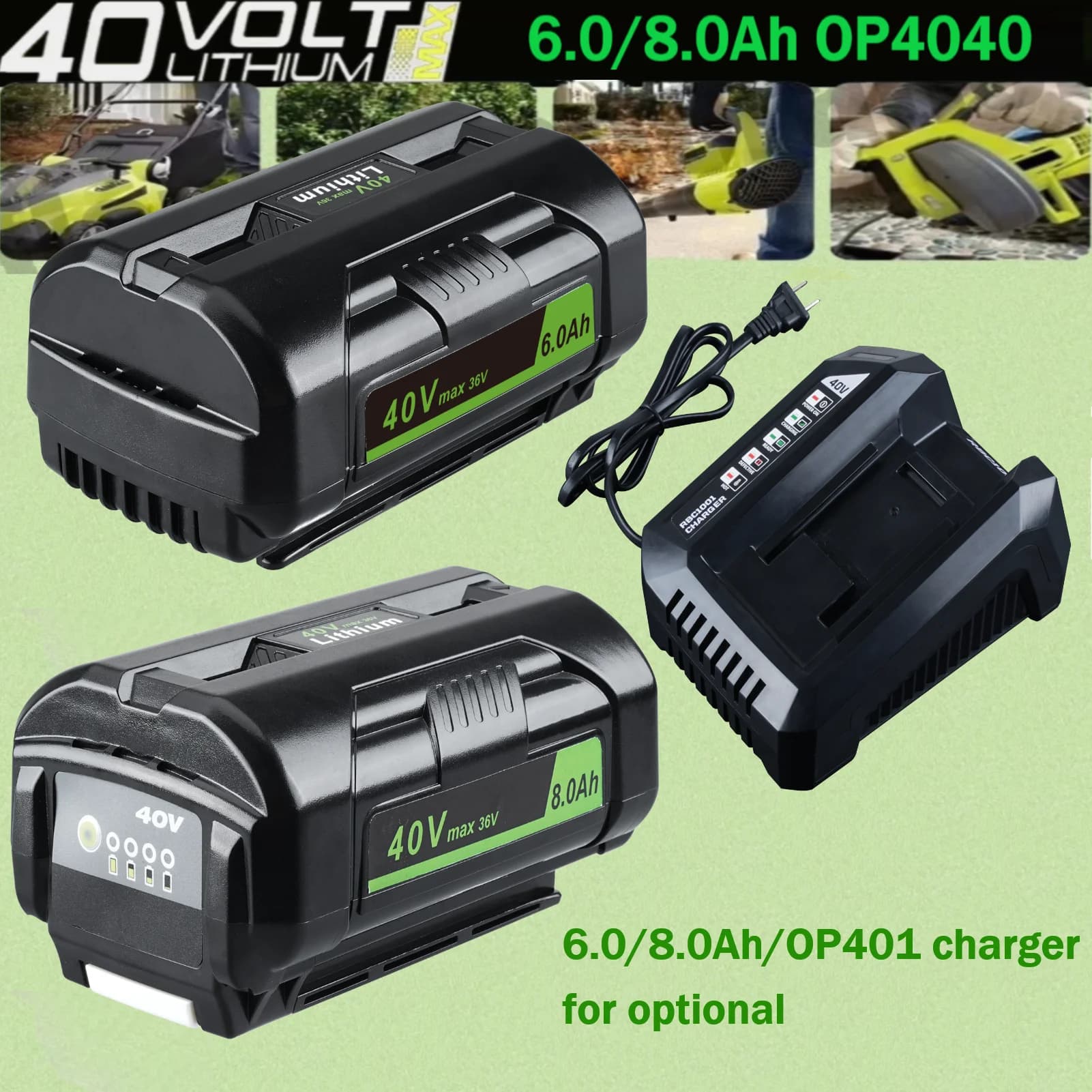 Batteria 40V 6.0/8.0Ah OP4040 con caricabatterie OP401 per utensili elettrici senza fili serie Ryobi OP4026 OP4030 OP4050 OP4060A OP40201