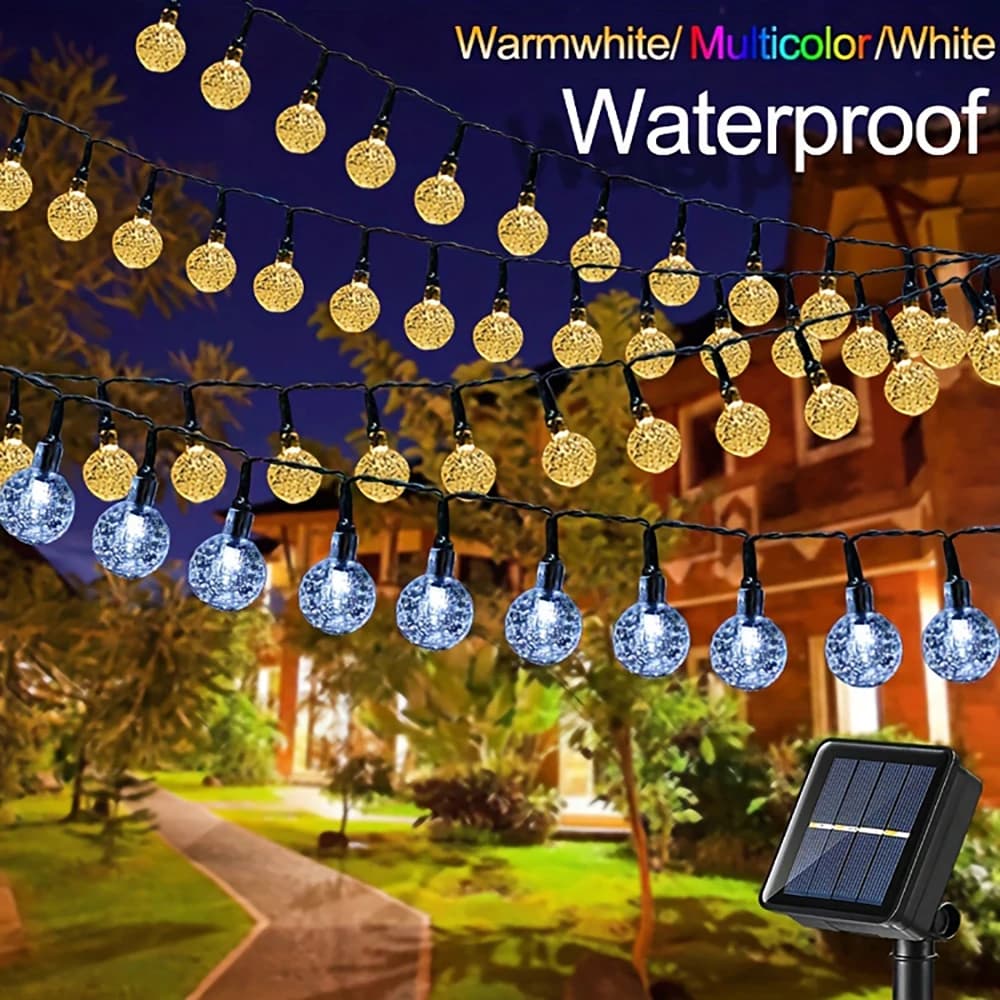 20/50/100 luci a stringa solari a LED, bianco caldo, luci a globo di cristallo per esterni, luce fata a festone solare impermeabile per giardino