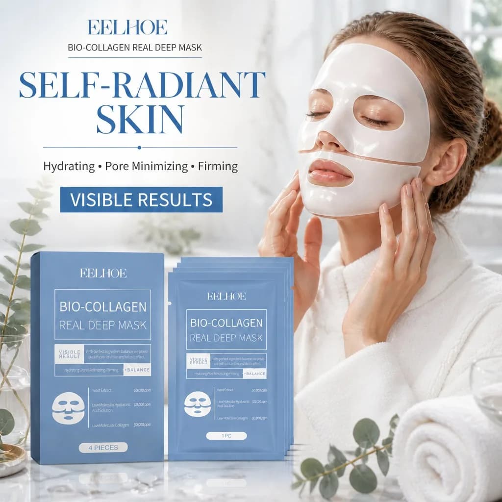 1/4 Pezzi Maschera Viso Bio Collagene Antirughe, Attenua le Linee Sottili, Rassoda la Pelle, Anti-Età, Illuminante, Cosmetici Coreani