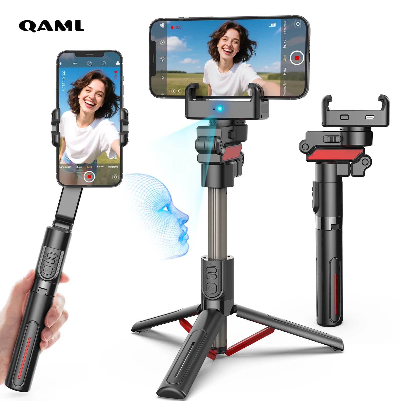 Treppiede e giunto cardanico per selfie stick QAML C10 con 360 ° Tracciamento del viso. Include telecomando, perfetto per lo streaming live e tutti gli smartphone.