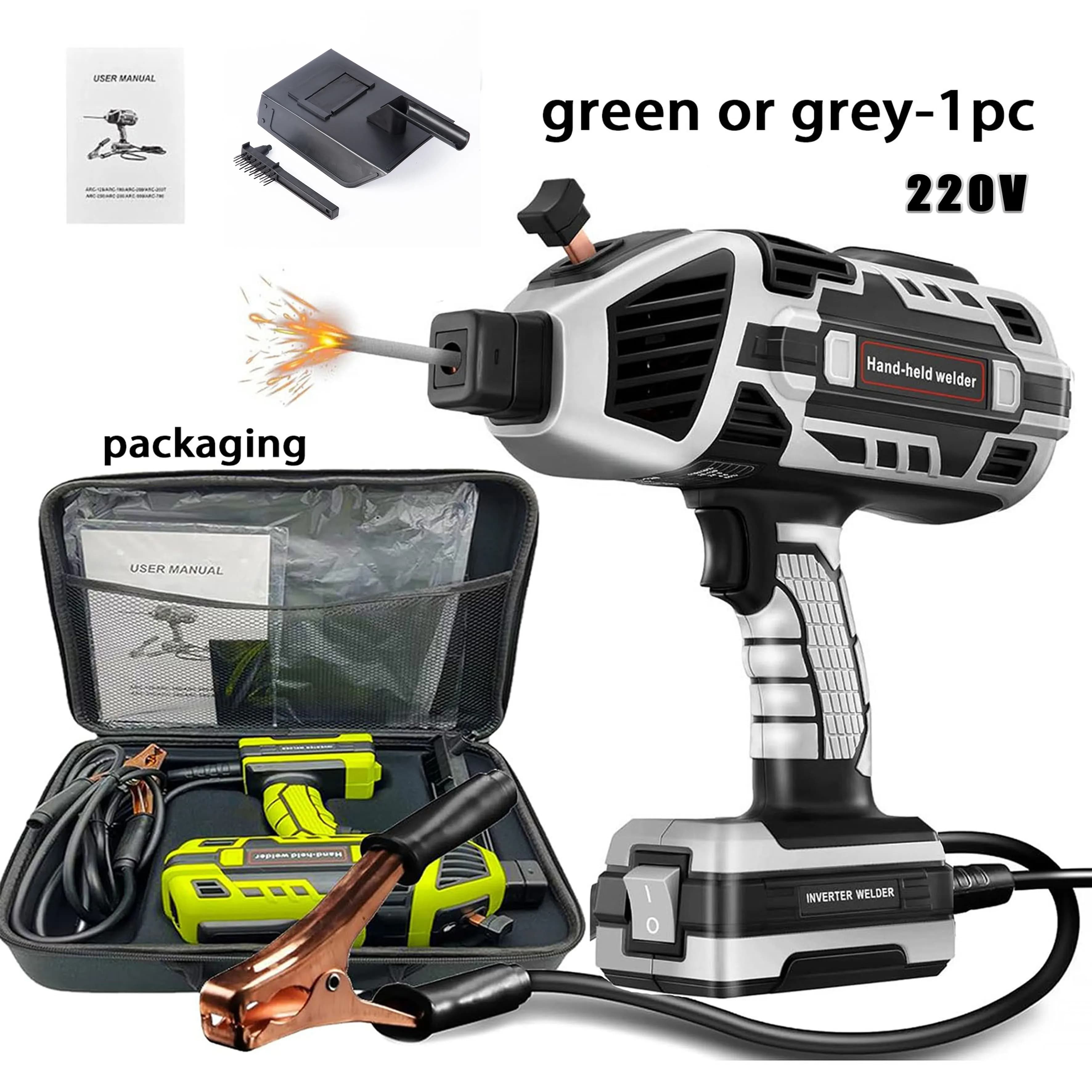 Saldatrice ad arco inverter portatile completamente automatica grigia e verde da 220 V, con accessori, manutenzione domestica fai da te