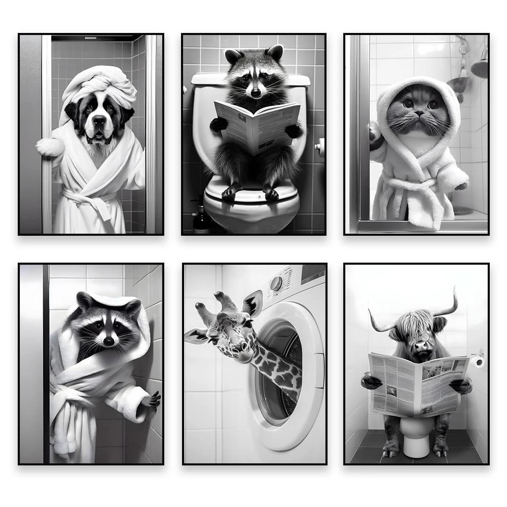 Funny raccoon wearing bathrobes poster black and white animal cat art prints wall painting on canvas decoration toilet wall
