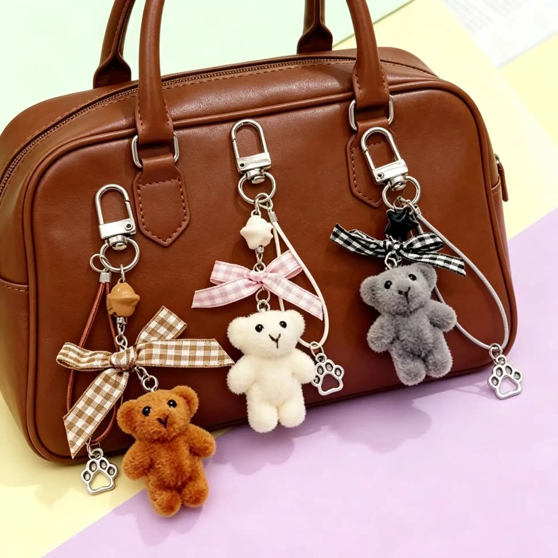 1pc Mini Flocked Bear Bag Key Ring Checkered Bow Metal Paw Pendant Lovely Hanging Accessory For Cell Phone Earbud Case Backpack Decor Casual Present