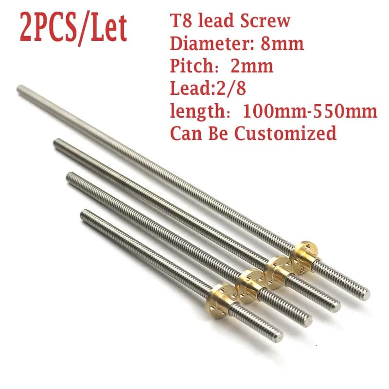 2PCS T8 Lead Screw Diameter 8mm Lead 8 Pitch 2mm Length 100-550mm Trapezoidal Screw With Brass Nut For CNC 3D Printer