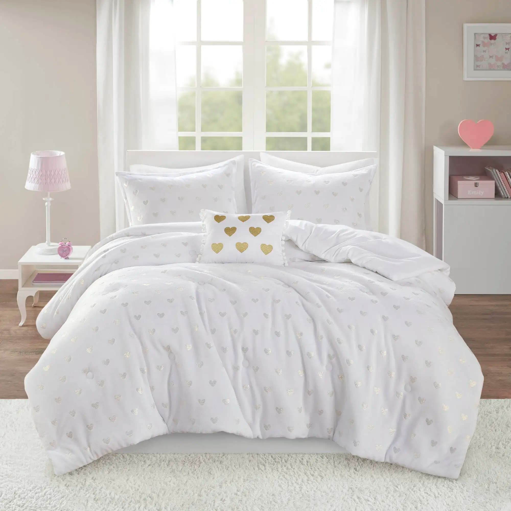 Set Copripiumino 4 Pezzi Full/Queen con Stampa Metallizzata e Cuscini Decorativi Bianco/Oro (Bianco + Peluche)