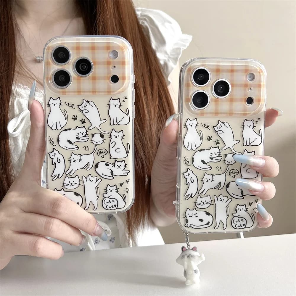 Custodia per telefono coreana a quadri con gatto per iPhone 16 15 14 13 17 Pro 16 Pro Max, cover antiurto con ciondolo, simpatica e protettiva per Apple 15 Pro