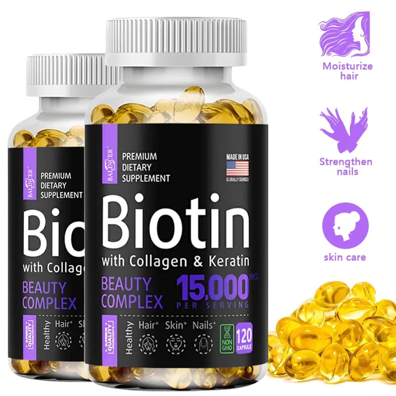 Integratore di Biotina - 15.000 Mcg con Collagene e Cheratina, Vitamine, per Capelli, Pelle e Unghie Lucenti, Salute delle Articolazioni, 120 Capsule