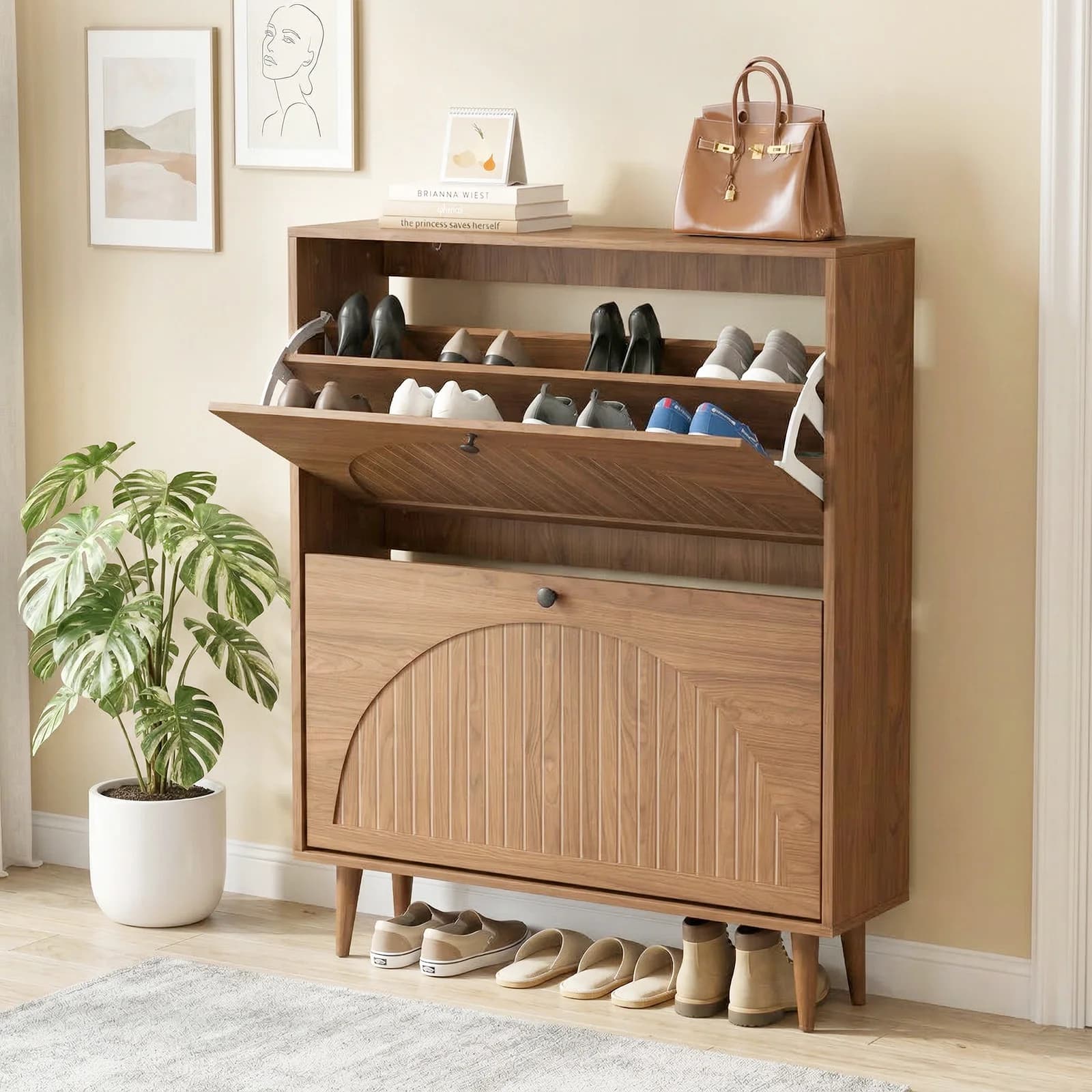 Mobiletto Salvaspazio per Scarpe con Dispositivo Anti-Ribaltamento – 2 Cassetti Ribaltabili, Ripiano Regolabile, Gambe in Legno Robuste per Ingresso, Corridoio