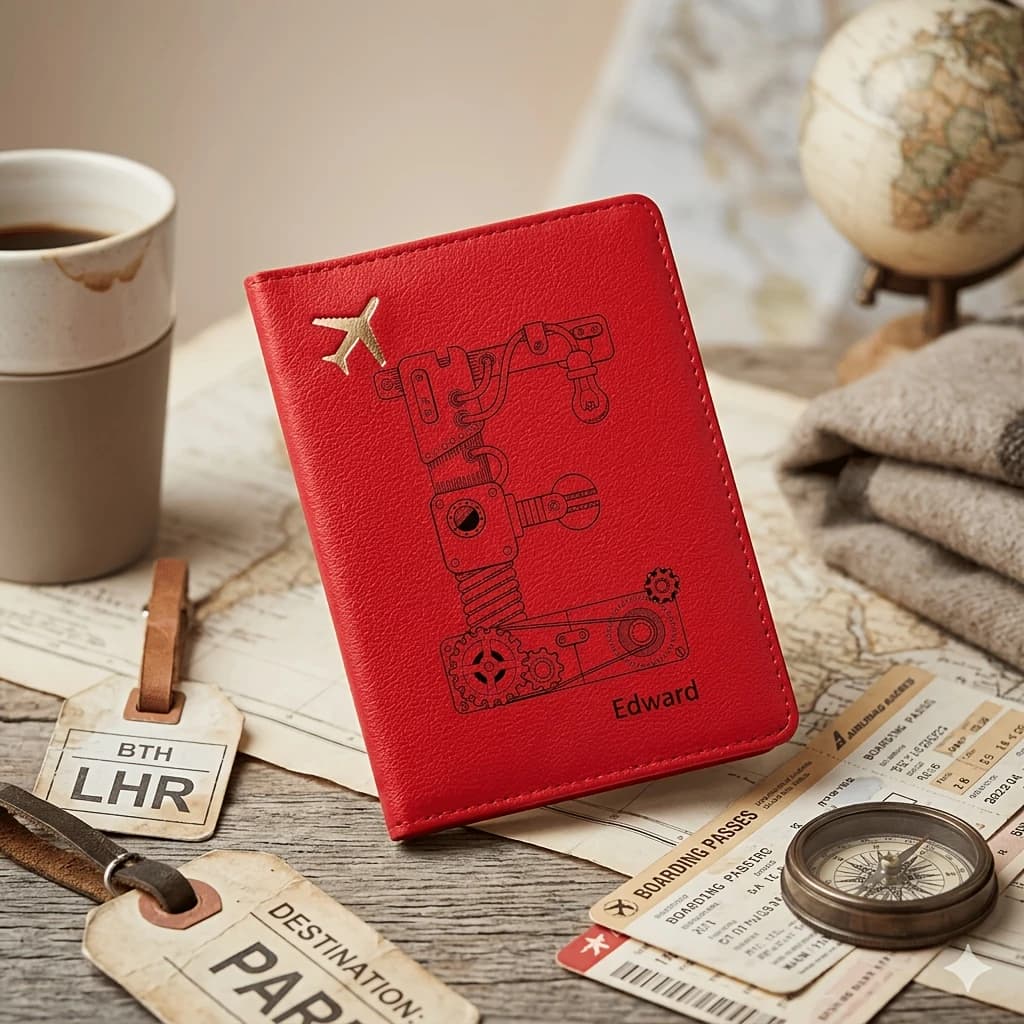 Custom Name, Name Starting with Letter E - Mechanical Style Pattern Passport Holder, Outdoor Vacation Travel Accessory