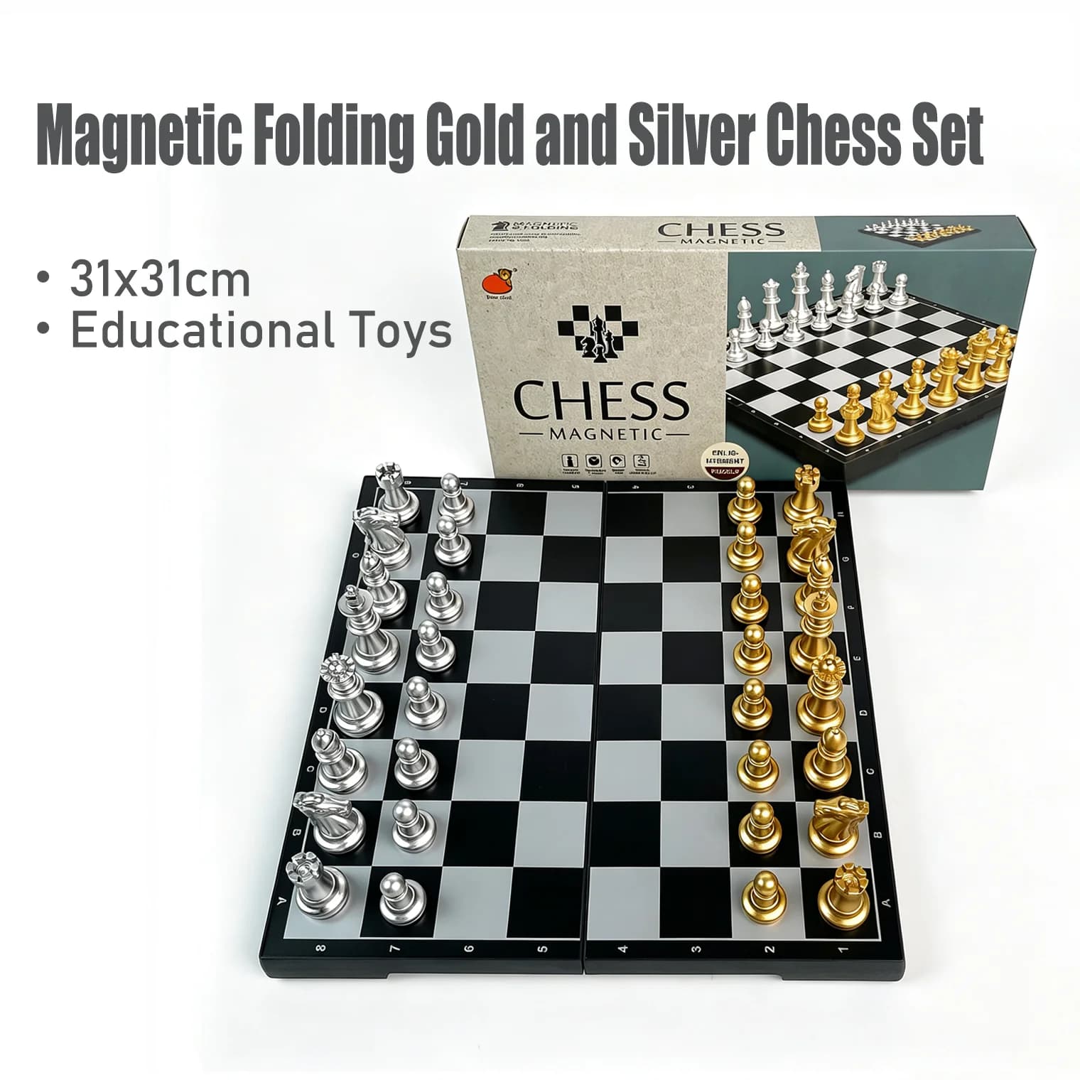 31x31cm Folding Magnetic Chess Set Gold Silver Board Game Educational Puzzle Toy Gift for Kids Adults