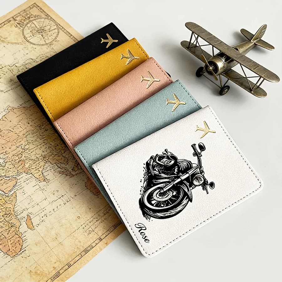 Custom Motorcycle Pattern Printed Name Passport Holder Travel Document Organizer Gift for Friends Business Trips