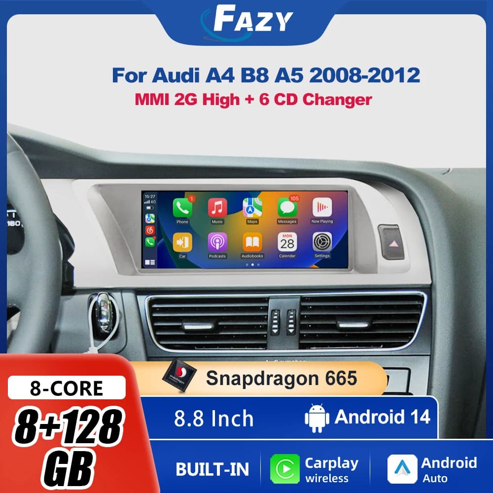 Autoradio Multimediale Android 14 con Carplay e Schermo Touch per Audi A4 B8 A5 2008-2012 MMI 2G, con Lettore CD, GPS, 4G e WiFi