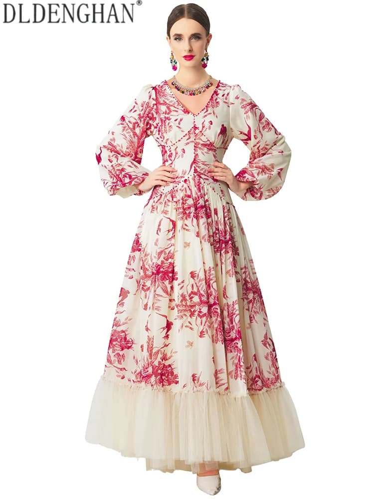 DLDENGHAN Abiti lunghi da donna con scollo a V, maniche a lanterna, stampa con perline, primavera estate, vintage, a ampia gonna