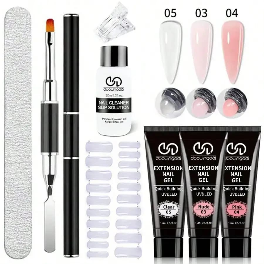 8 Pz/set Poly Estensione Gel Set Unghie Artistiche Polygels Kit Trasparente Colore Bianco Unghie Gel UV Punta Forma Acrilico Gel Per Unghie Fetta Pennello Kit