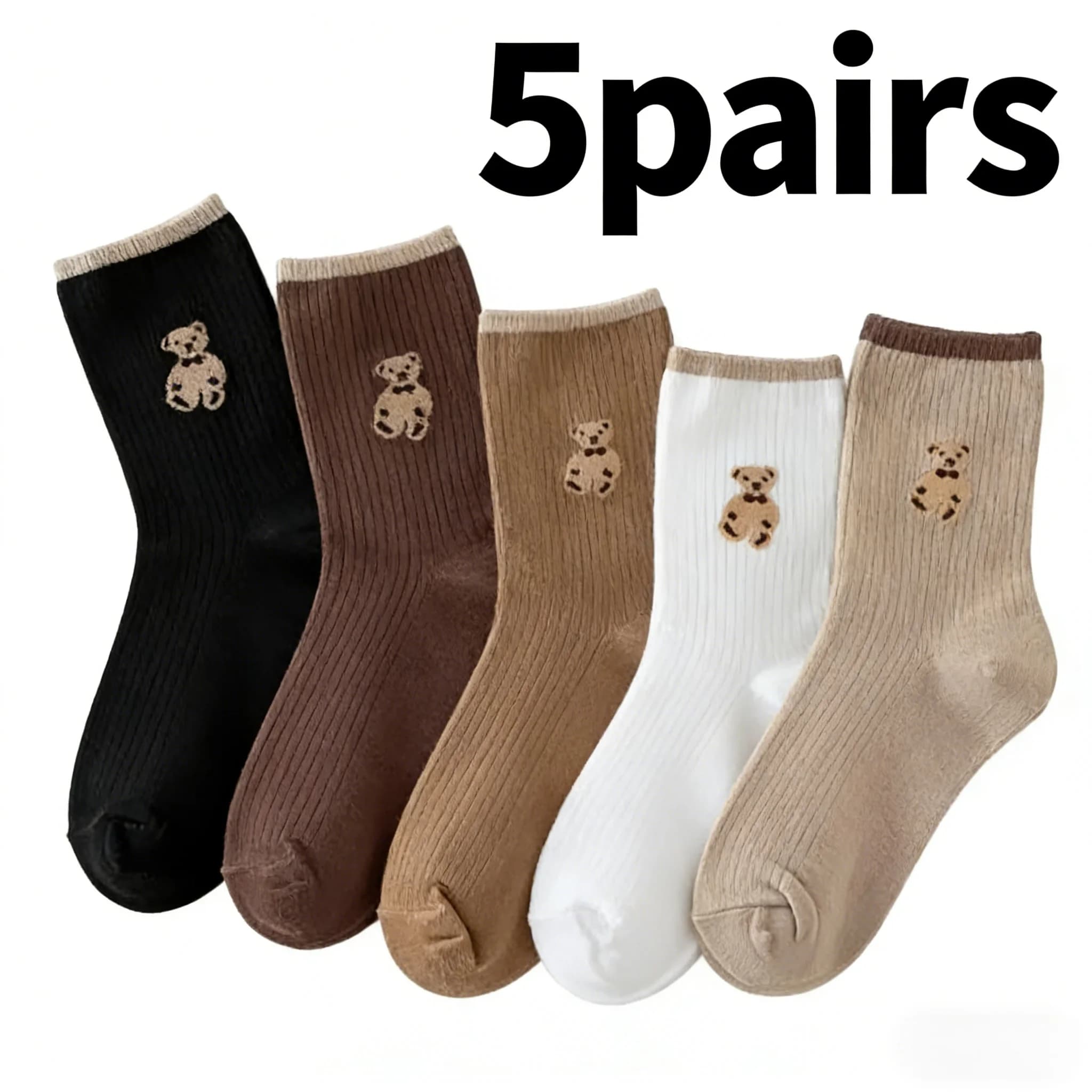 Set of 5 pairs of cozy socks with animated cardboard teddy bear, versatile new socks for women and children.