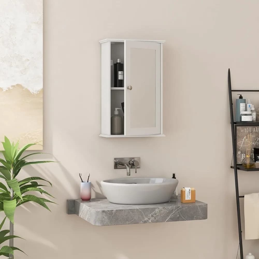 Armadietto da Bagno con Specchio, Mobiletto a Parete con Anta a Specchio Singola e Ripiano Regolabile per Bagno