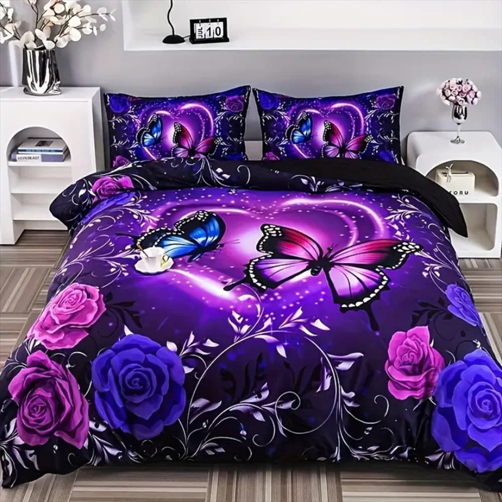 Set copripiumino fiore farfalla 3 pezzi-biancheria da letto con stampa digitale morbida, confortevole e alla moda con Design classico-ideale per