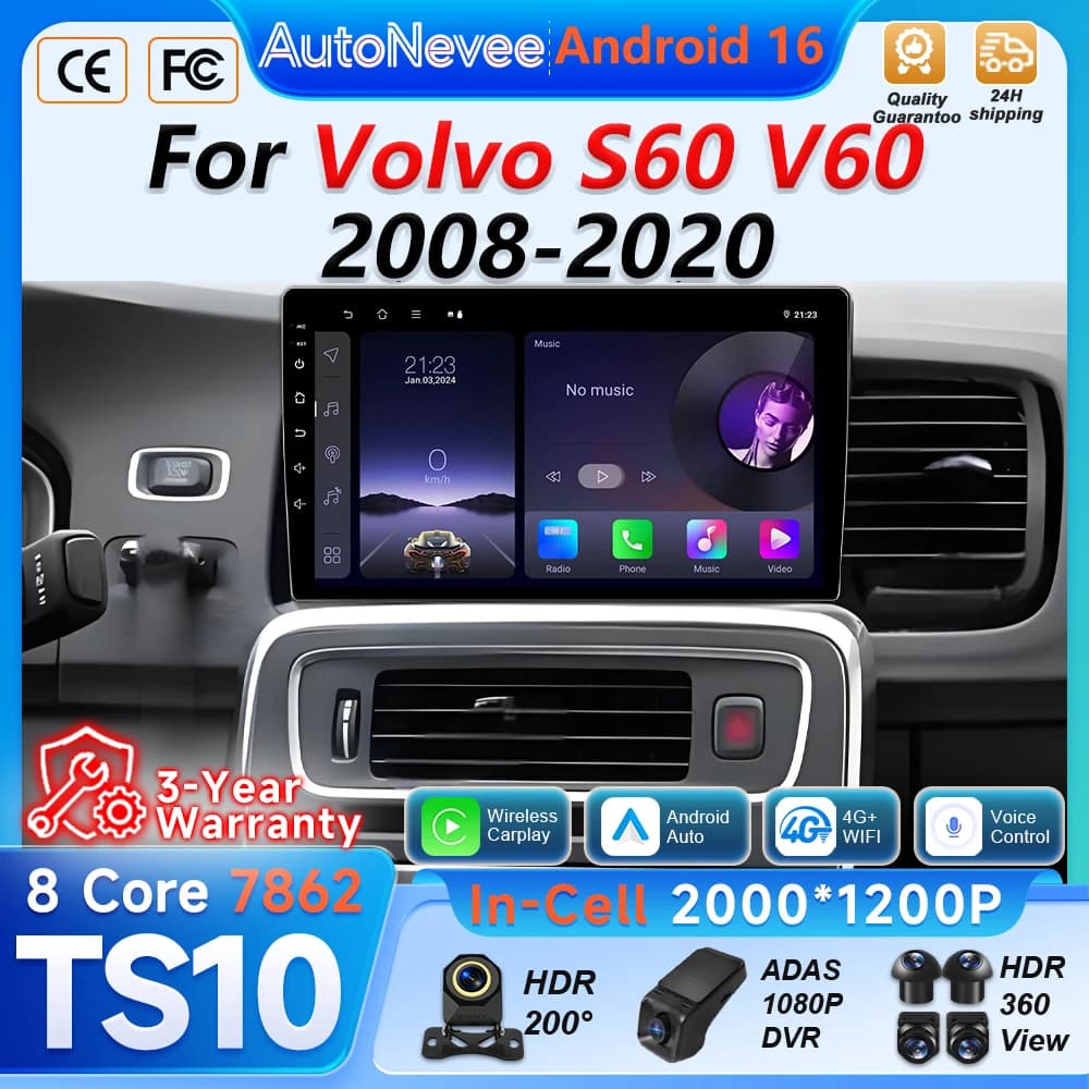 Autoradio Android 16 per Volvo S60 V60 2008 2009 2010 2011 - 2020, Lettore Multimediale con Carplay, Wifi, GPS, Navigazione 2din