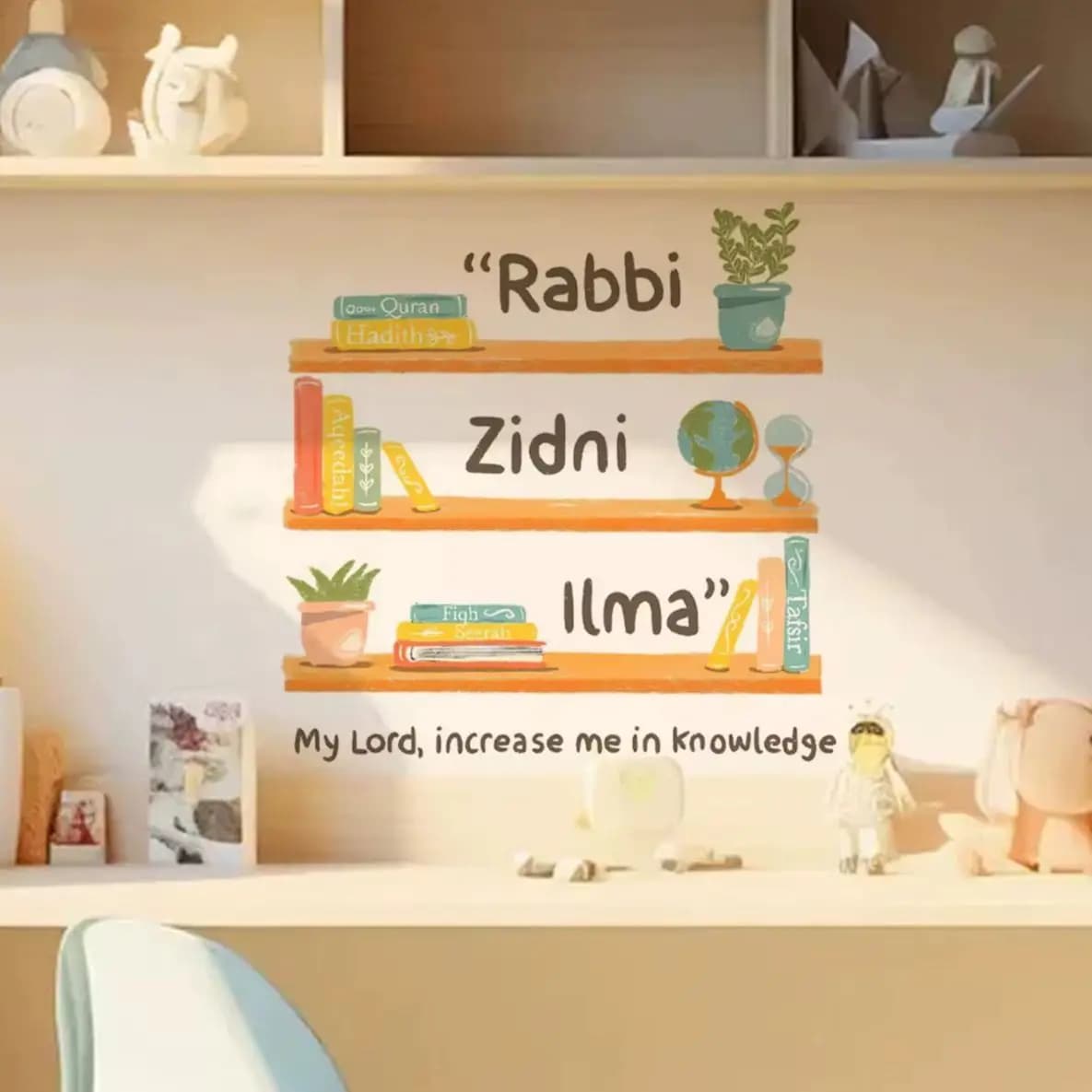 Design islamico con citazione ispiratrice "Rabbi Zidni Ilma" con libri Candele Camera dei bambini Camera da letto Soggiorno Ufficio Arredamento musulmano