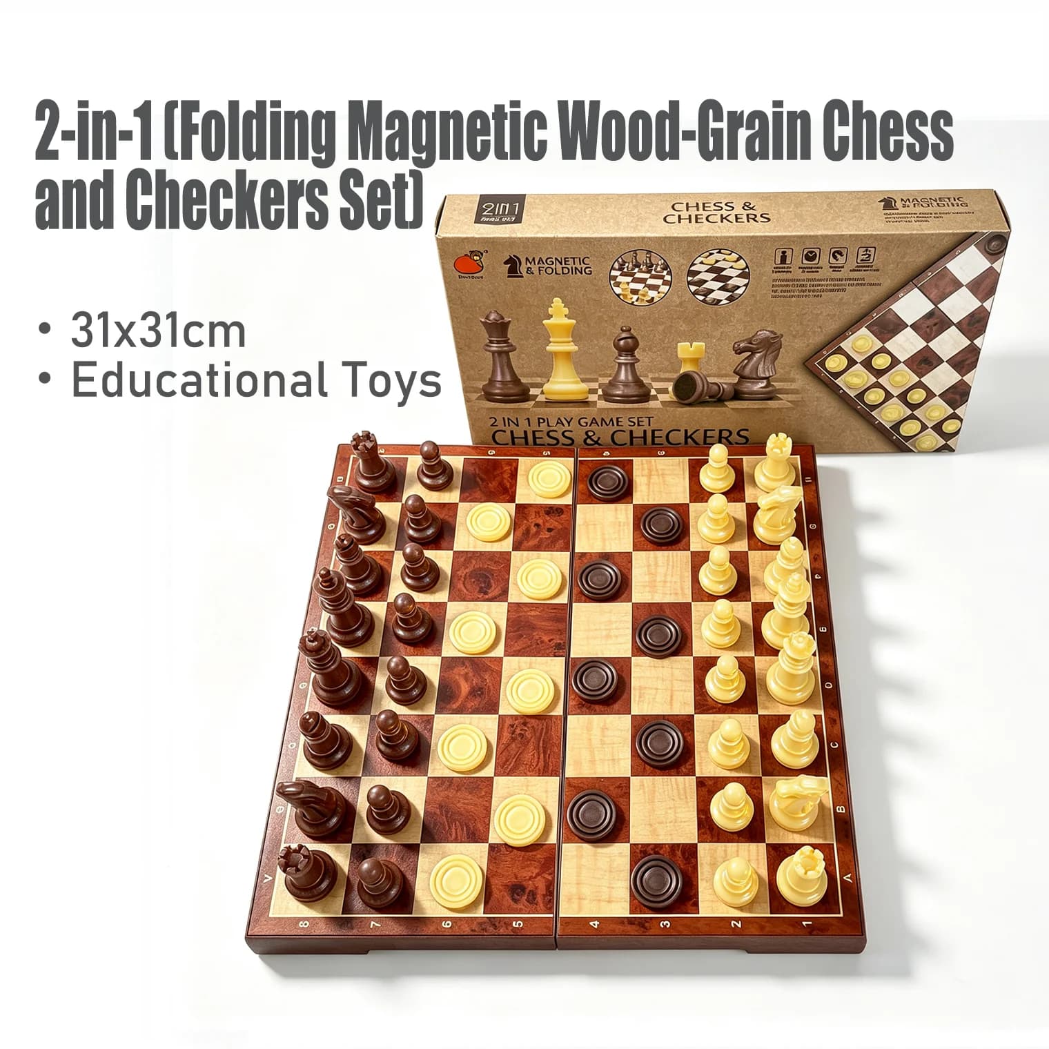 31x31cm 2 in 1 Folding Magnetic Wood Grain Chess Checkers Set Board Game Educational Puzzle Toy Gift for Kids Adults