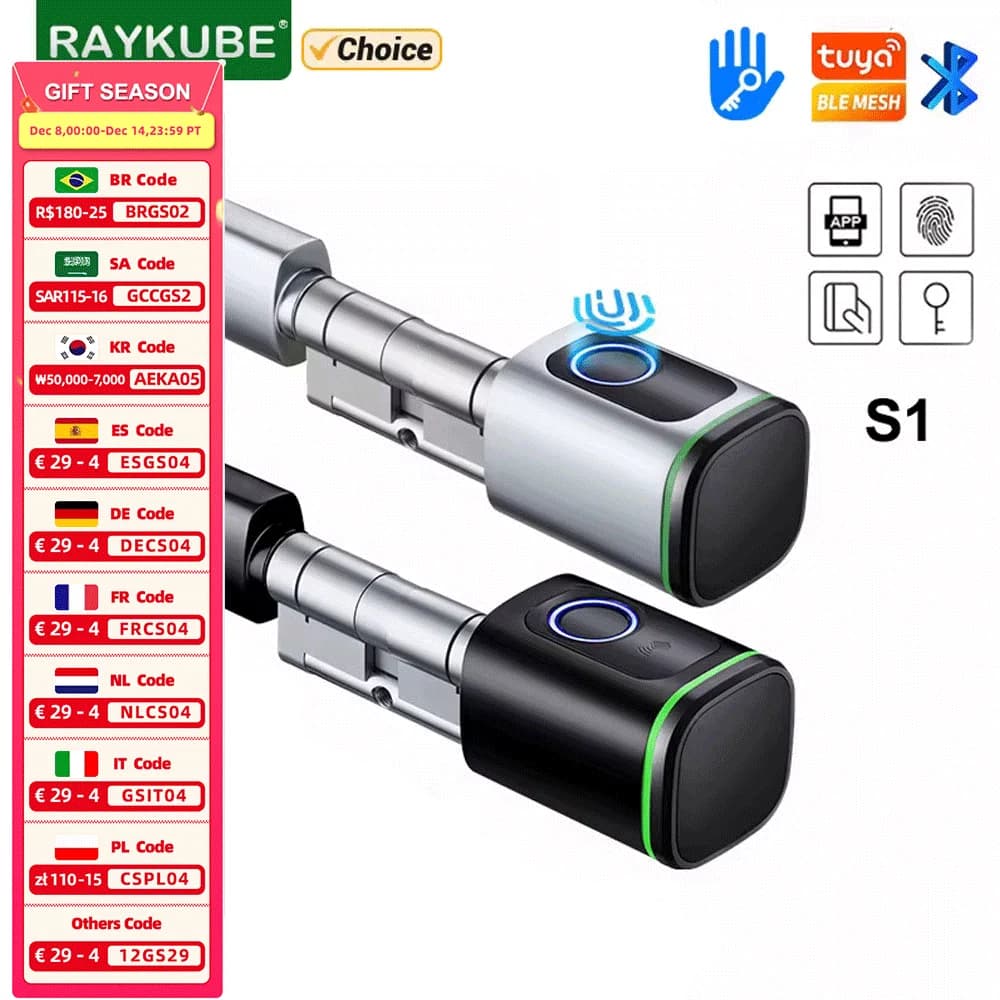 RAYKUBE S1 Tuya BLE TT Serratura Elettronica Intelligente Serratura con Nucleo Cilindro FAI DA TE Impronte Digitali APP Chiavi IC Card Sblocco per Home Hotel