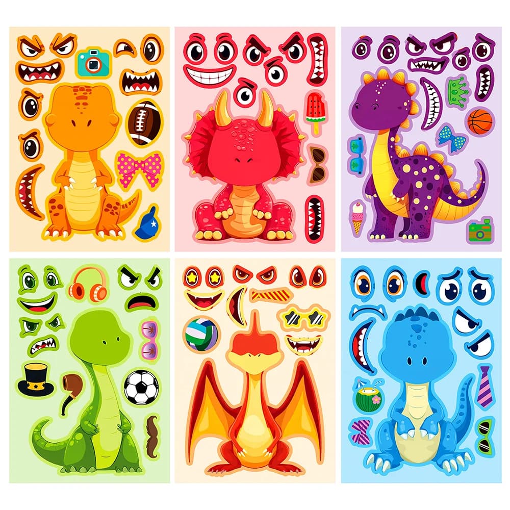 6/12 Fogli di Adesivi Puzzle per Creare Volti di Dinosauri, Gioco Colorato per Bambini, Puzzle Educativo per Dipingere Dinosauri