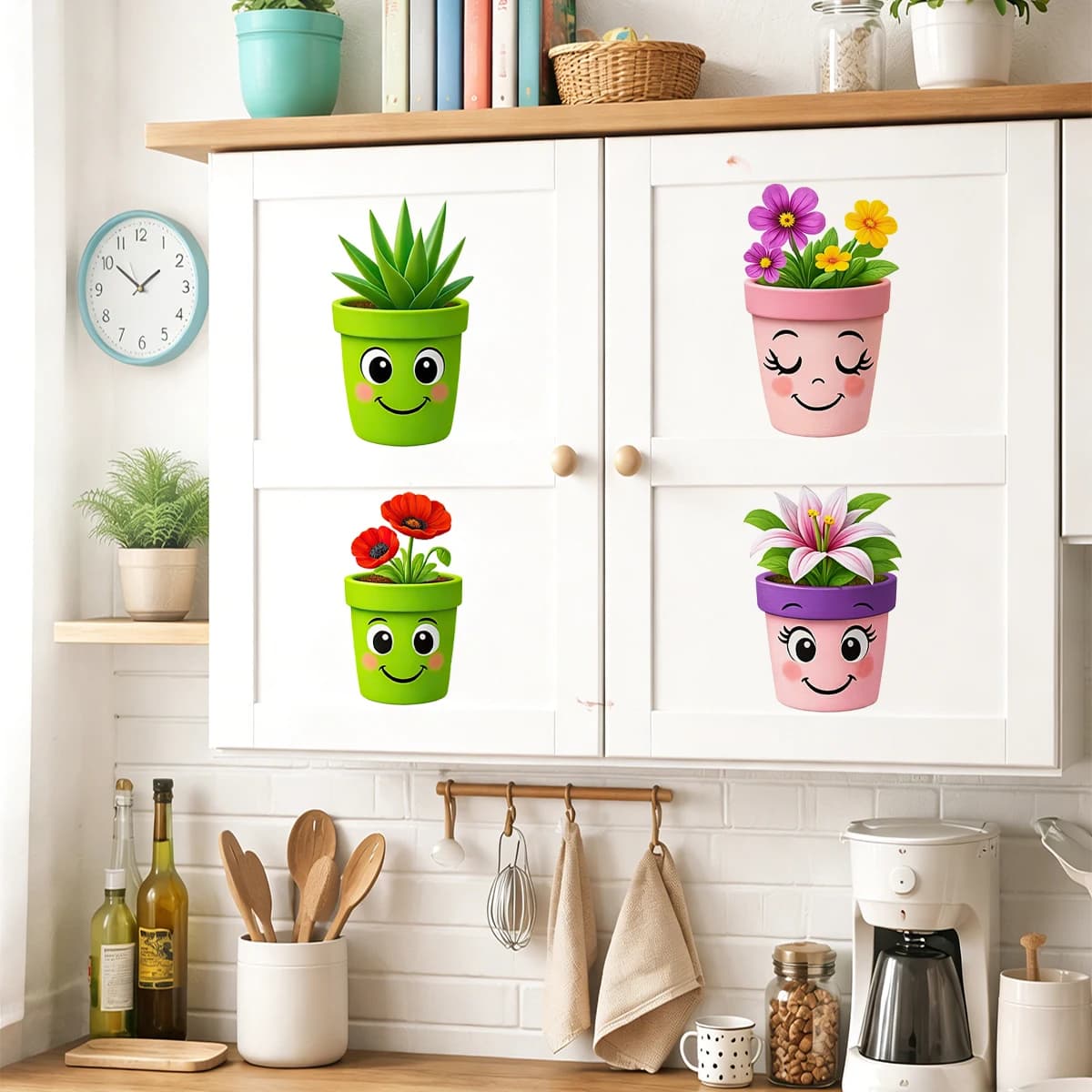 Adesivi Murali a Forma di Vaso di Fiori con Faccina Sorridente, Decorazioni Impermeabili Adesive per Cameretta, Cucina, Bagno, Soggiorno