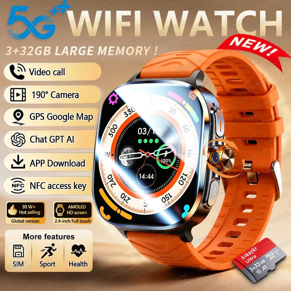 5G Smart Watch Men Women GPS Map WIFI Sim Smartwatch Rotating Camera Video Call NFC App Download 3+32GB Storage Watches Android