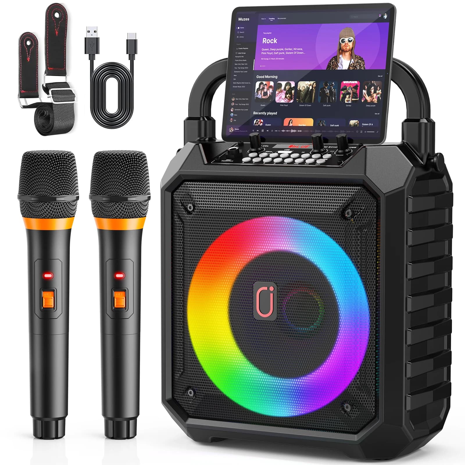 Macchina per karaoke JYX con 2 microfoni wireless, altoparlante portatile con luci a LED, supporta Bluetooth/USB/TF/AUX per feste