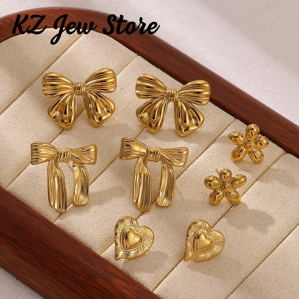 Elegant Party Festival Earrings For Women Gold Color Stainless Steel Bow Heart Sweet Ear Piercing Jewelry Romantic Accessories
