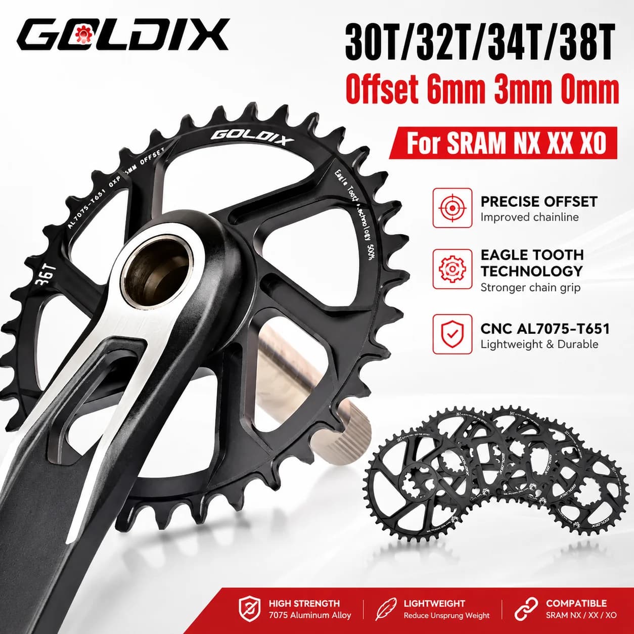GOLDIX Bicycle Chainring 0/3/6mm Offset Wide Narrow Teeth 30/32/34/36/38T Chainwheel for Sram 3-Bolt Single Disc Bicycle Crank