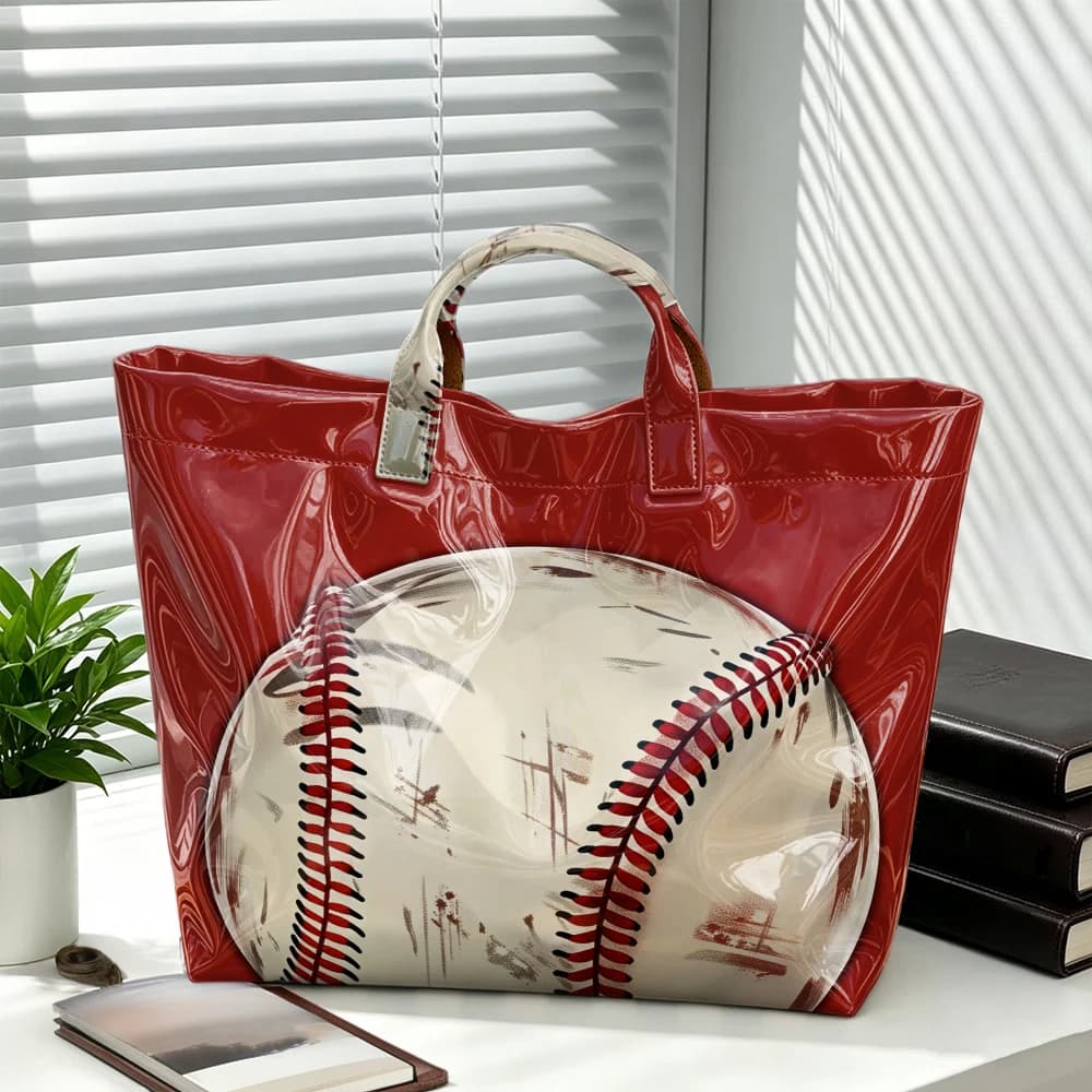 1pc Women's Tote Bag Hand‑held Bag, Retro Worn‑look Baseball Print Glossy Red Hand‑held Bag, Sports‑themed Large‑capacity Casual Stylish Daily Tote Handbag