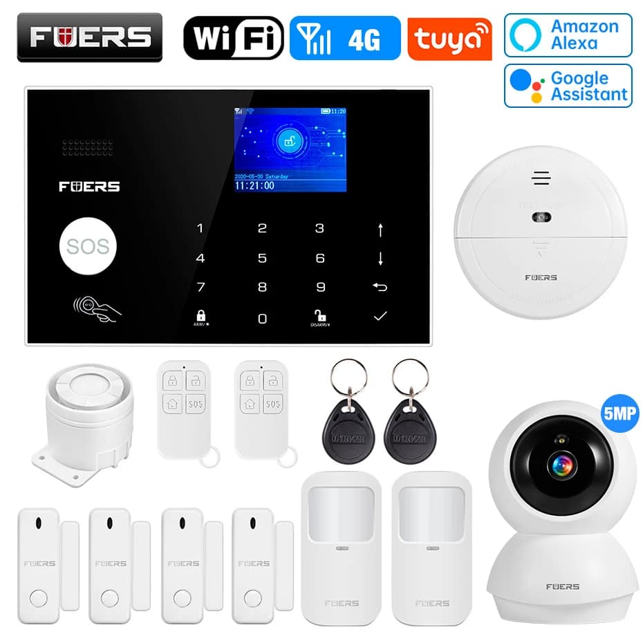 FUERS G34 Tuya Smart WIFI 4G Sistema di allarme Wireless Home Antifurto Sistema di allarme di sicurezza Sirena di controllo Rilevatore di movimento Sensore di fumo