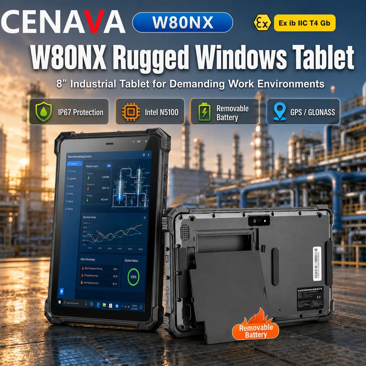 CENAVA W80NX 8'' Rugged Windows Tablet N5100 IP67 Removable Battery GPS Industrial Tablet Field Inspection and Plant Monitoring