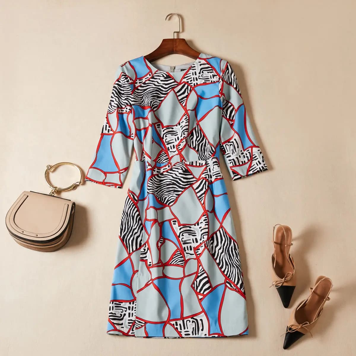 Abito slim con motivo asimmetrico stampato scozzese blu grigio Abito longuette autunno mezza manica girocollo da donna Solo prezzo per il vestito