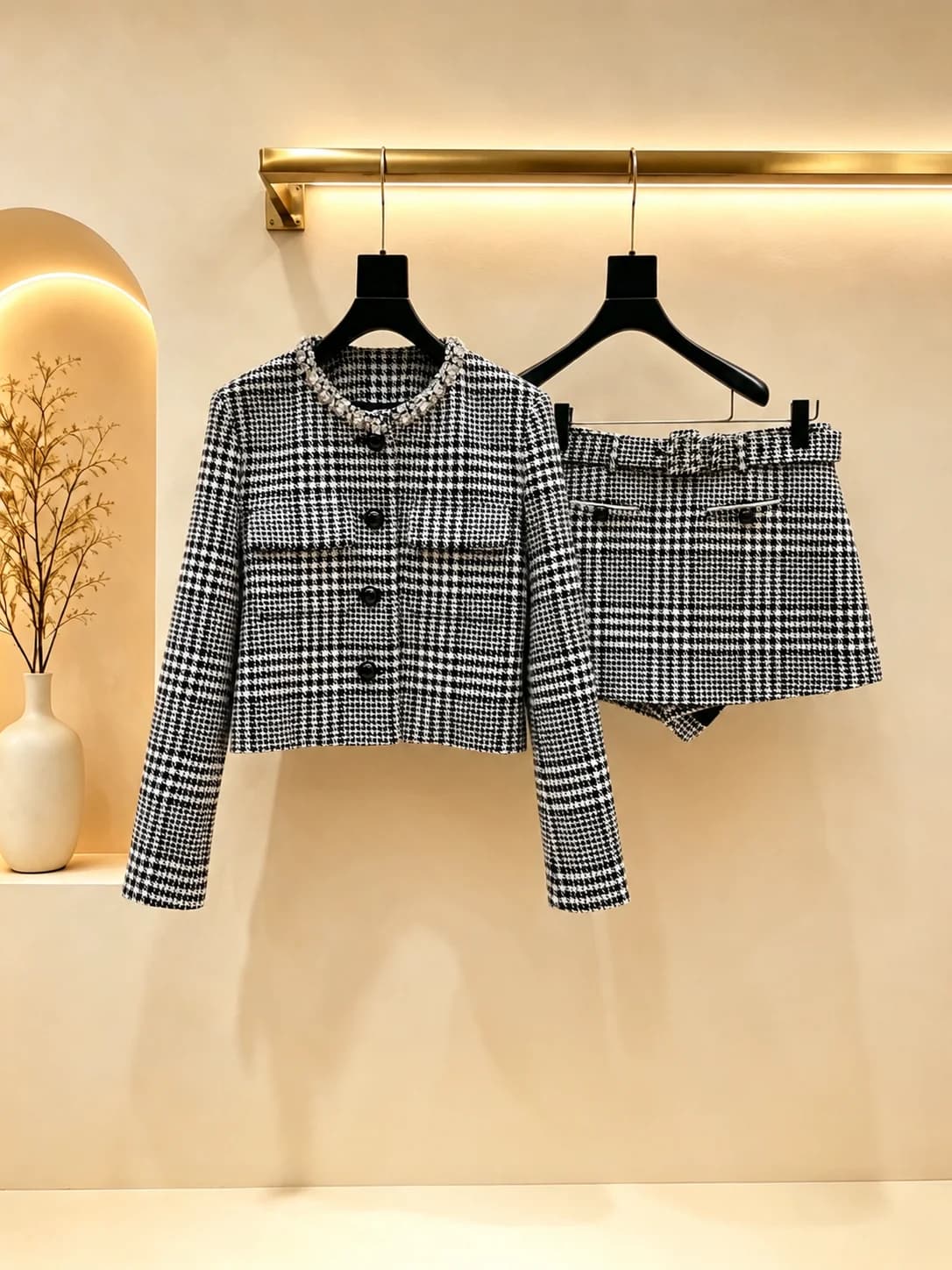 2026 Women Two Piece Vintage Check Long Sleeve Jacket Heavy Rhinestone Neck Trim & Belted Skort