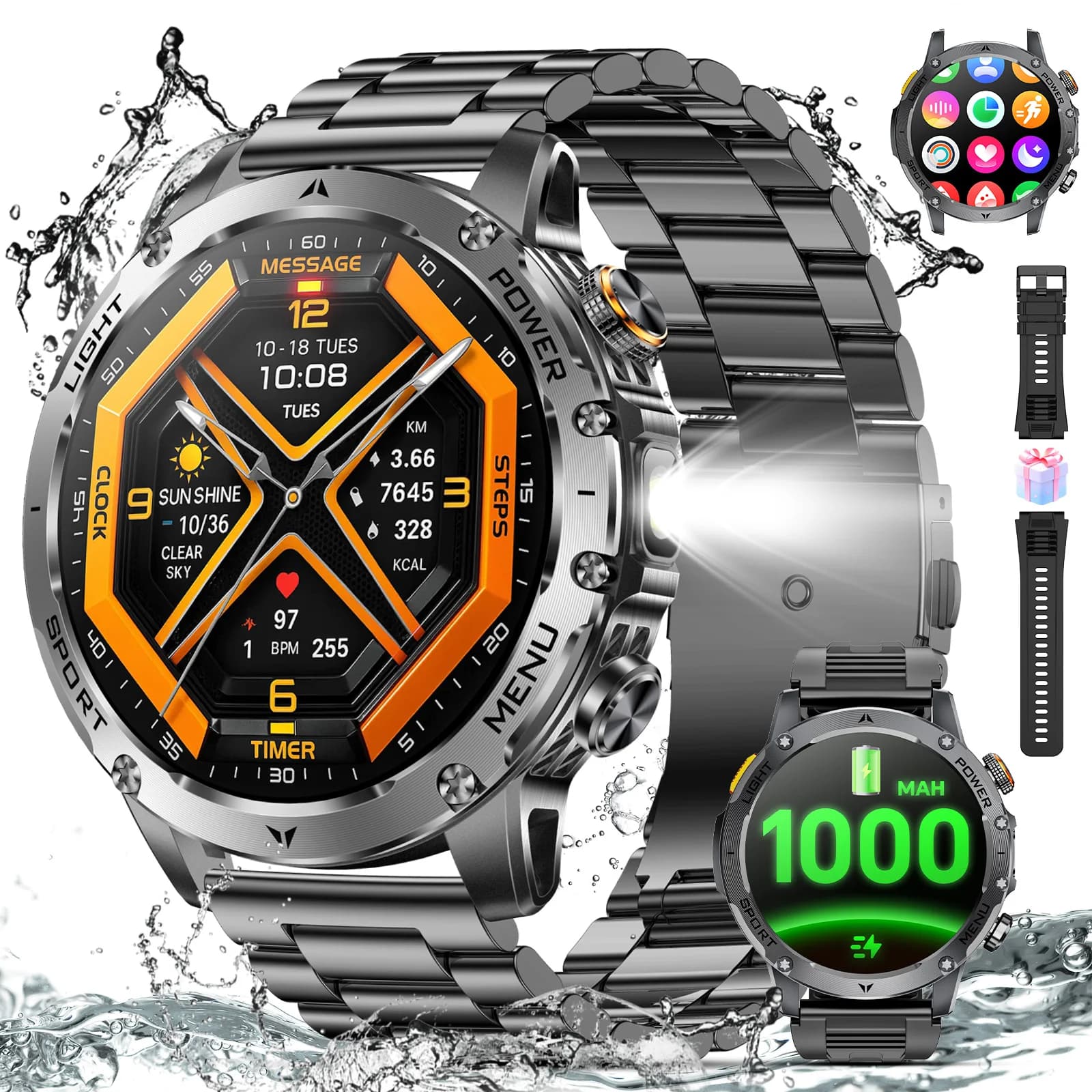 Smartwatch sportivo da uomo con batteria grande da 1000 mAh, oltre 50 ore di autonomia, smartwatch sportivo con chiamate wireless da 1,7 pollici/IPX8 impermeabile