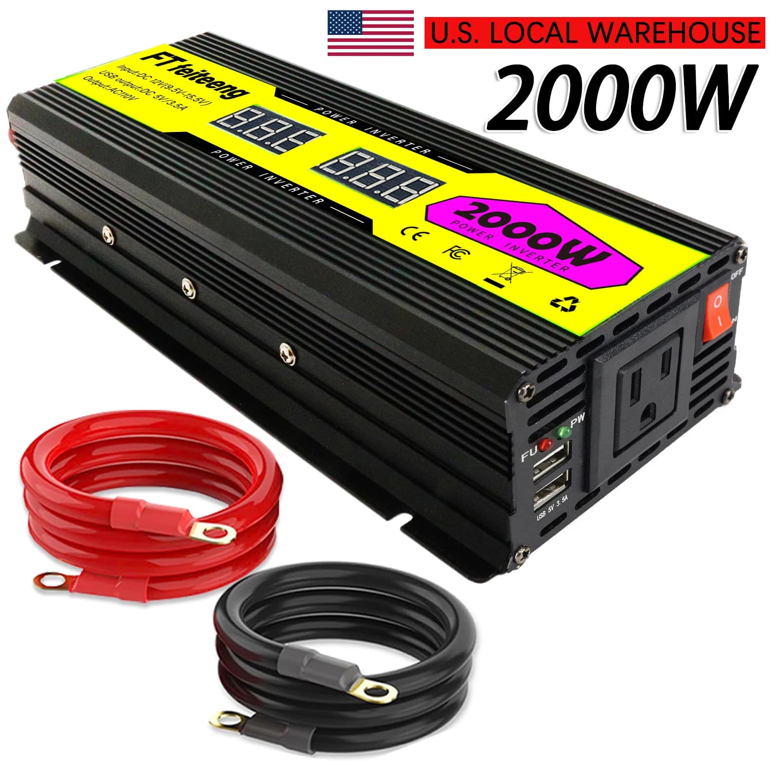 Power converter from 2000 W 1000 W from 12 V to 110 V 120 V AC for motorhome trucks for cars, with LED display, AC socket and 2 USB ports