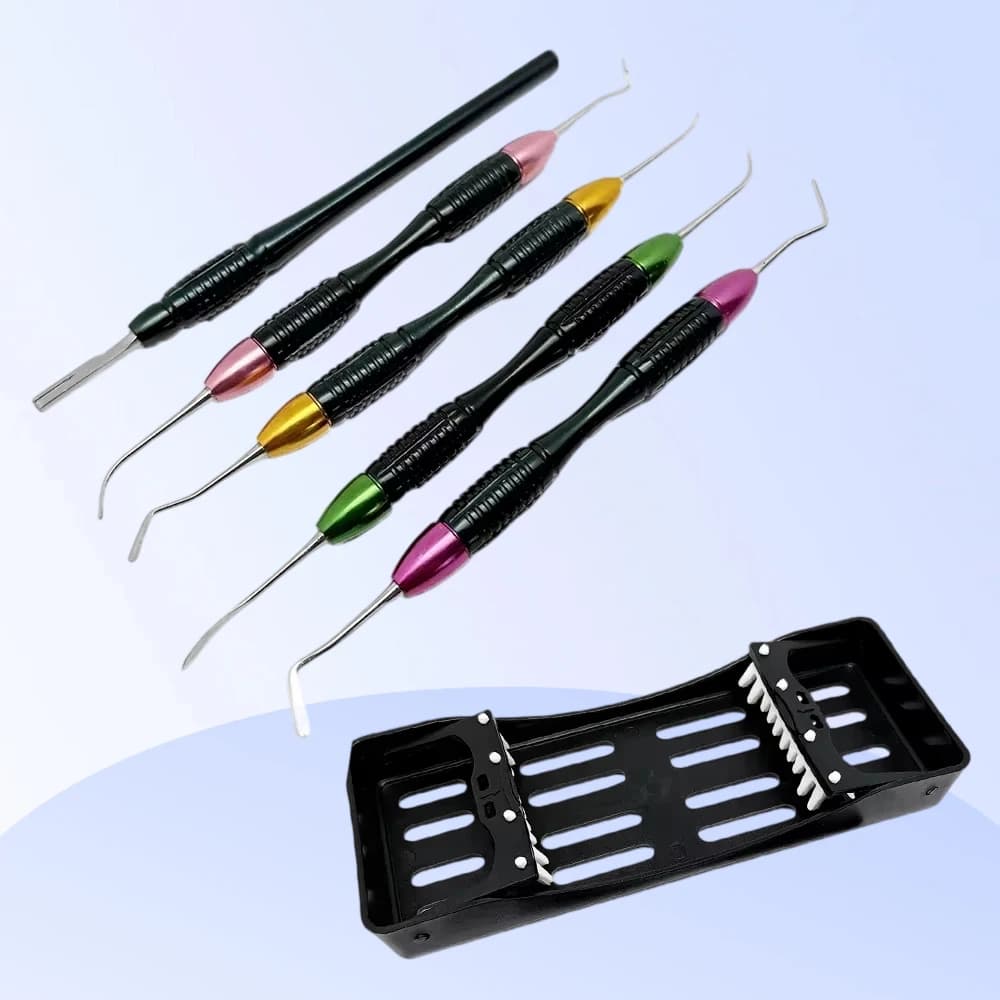 Set di 5 Spatole in Acciaio Inox per Resina Composita Dentale, Strumenti per Restauro Estetico con Custodia Disinfettante per Dentisti