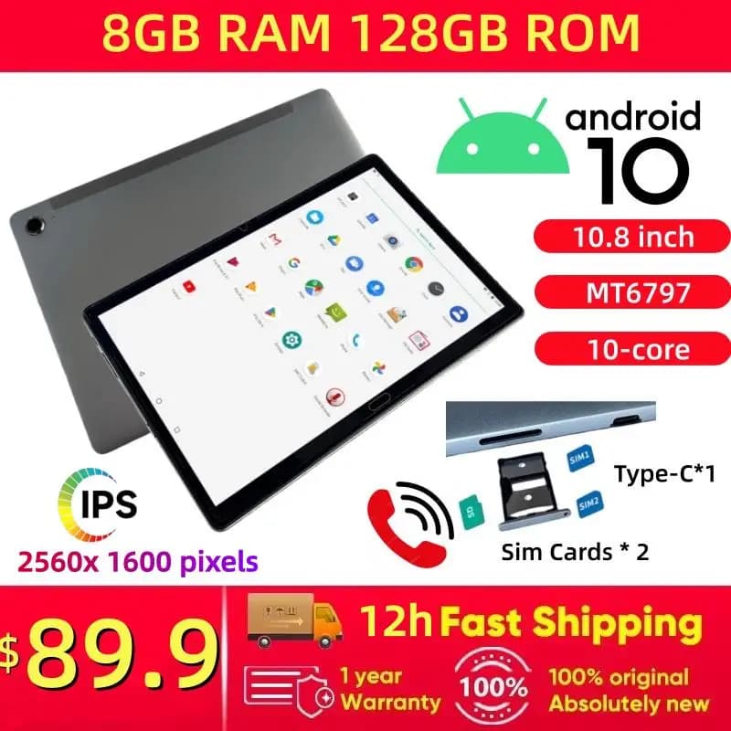 10 core Type-C 10,8 POLLICI 2G\3G\4G Chiamata telefonica Tablet Android 10 MT6797 Doppia fotocamera 8 GB RAM 128 GB ROM 2560x 1600 pixel