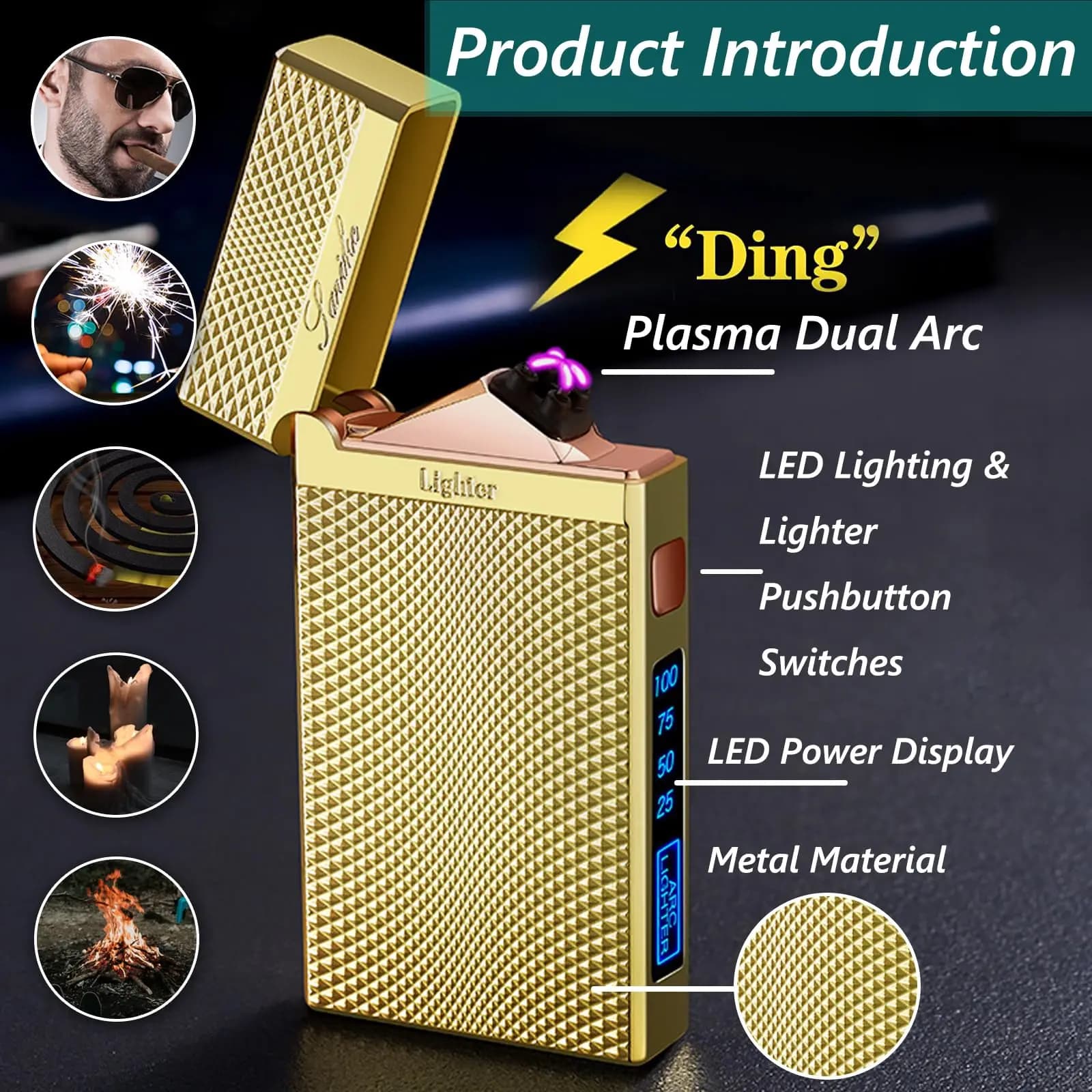 1 pc of high-end intelligent electric arc type C charging lighter, cigarette lighter and torch in one, double windproof electric