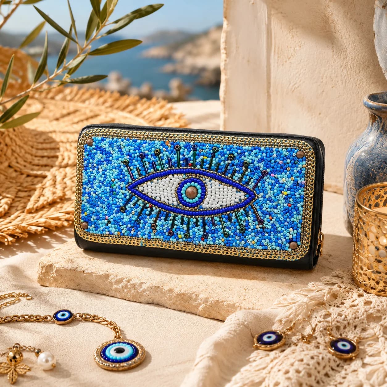 Portafoglio Lungo Boho con Occhio di Allah e Perline per Donna, Pochette Blu Fatta a Mano, Stile Etnico, Porta Carte con Cerniera, Porta Telefono, Regalo alla Moda