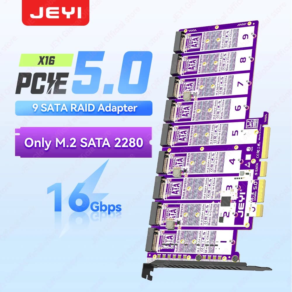 Adattatore JEYI PCIe 5.0 a 9 Bay da X16 a M.2 SATA, supporto 16Gbps per SSD SATA 2280 (B+M-key), compatibile con PCIe X4/X8/X16, supporta RAID 0/1/5