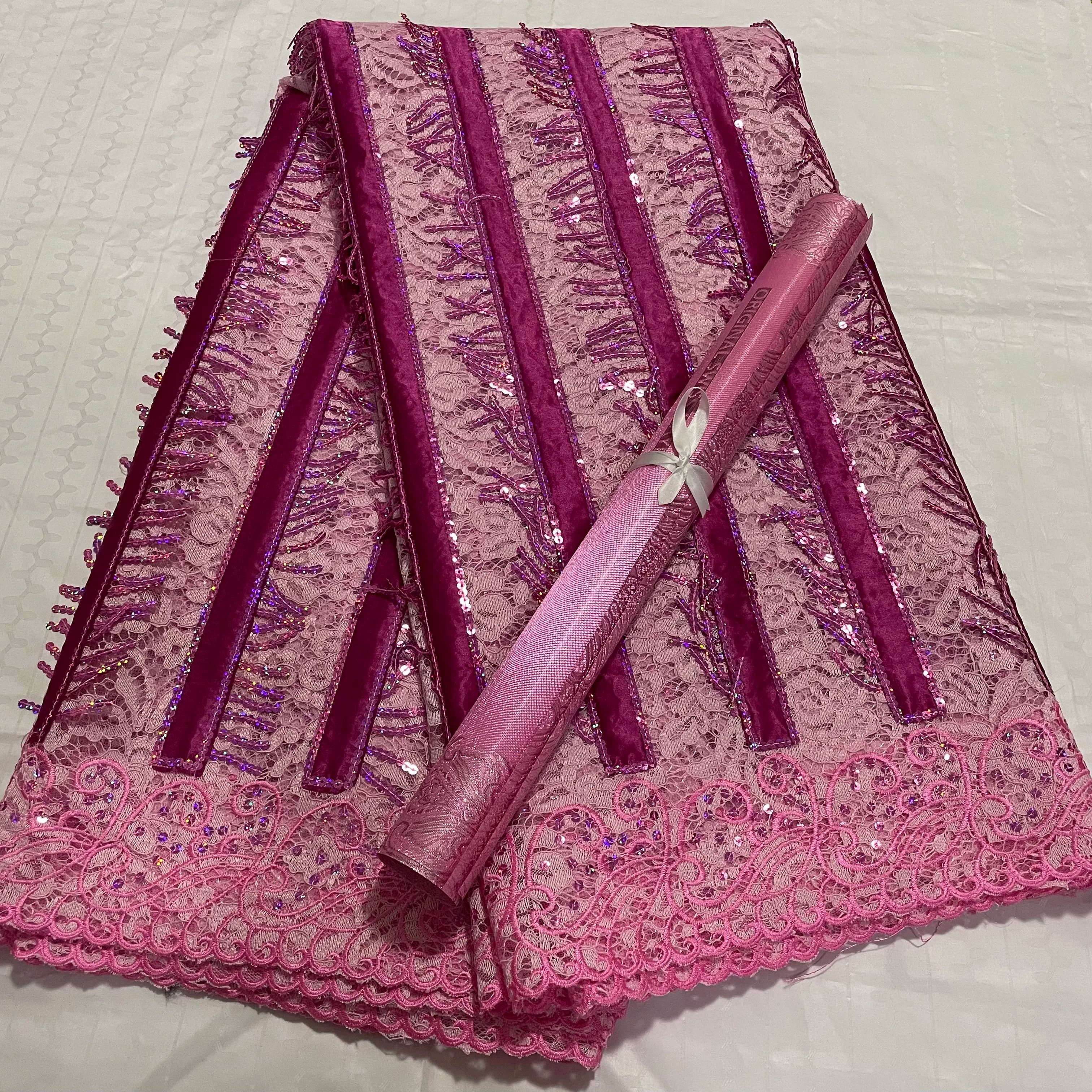 Tessuto di pizzo rosa di lusso con paillettes 5 metri ricamo guipure materiale di pizzo francese con fascia per copricapo 3D Sego 2 pezzi per 2025