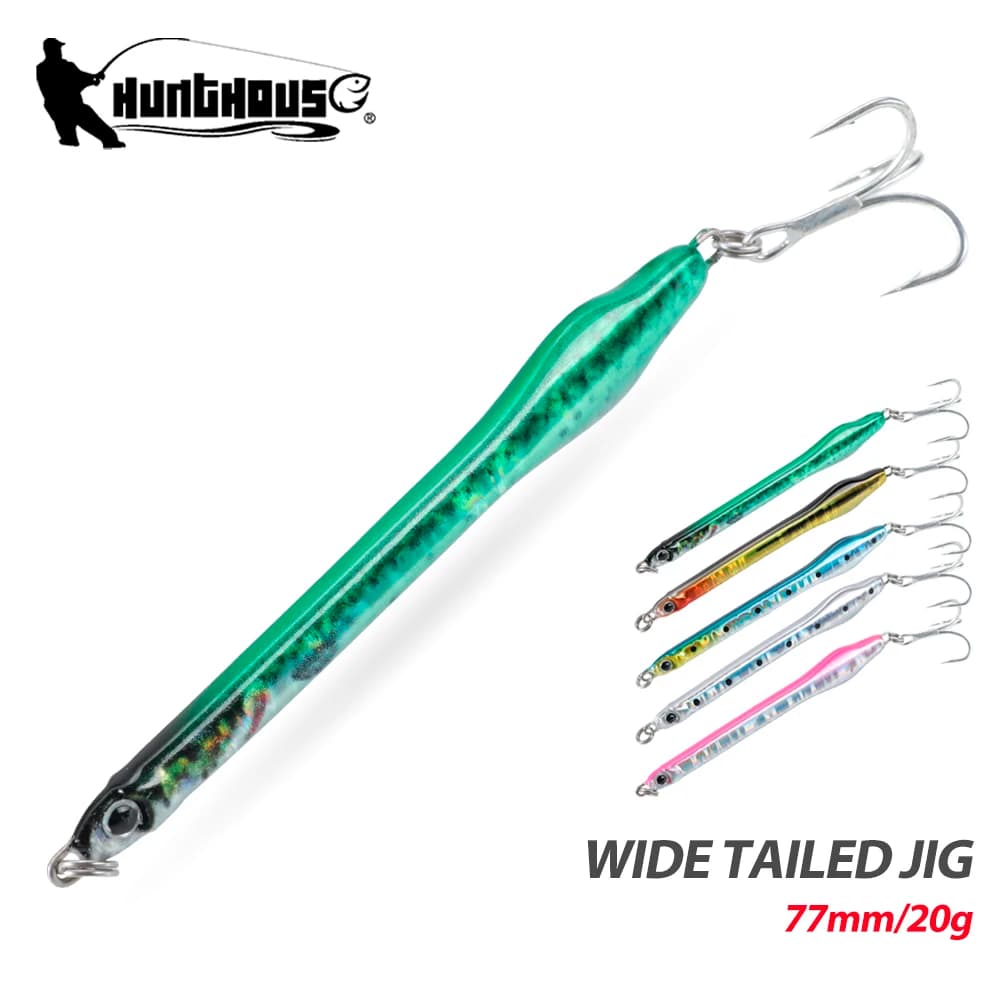 Hunthouse Metal Jig Esche da pesca 77mm/20g Acqua salata Affondamento lento Laser Jigging Esche Coda larga per Bass Tonno Attrezzatura per pesci