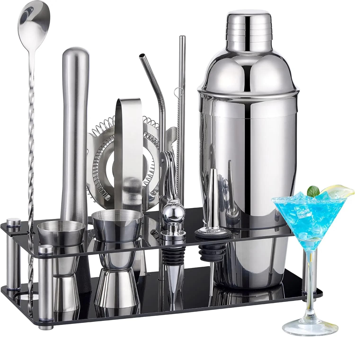 Set shaker per cocktail Kit da barista: kit da barista in acciaio inossidabile da 15 pezzi con set di barre di supporto in acrilico con tutte le pratiche barre A