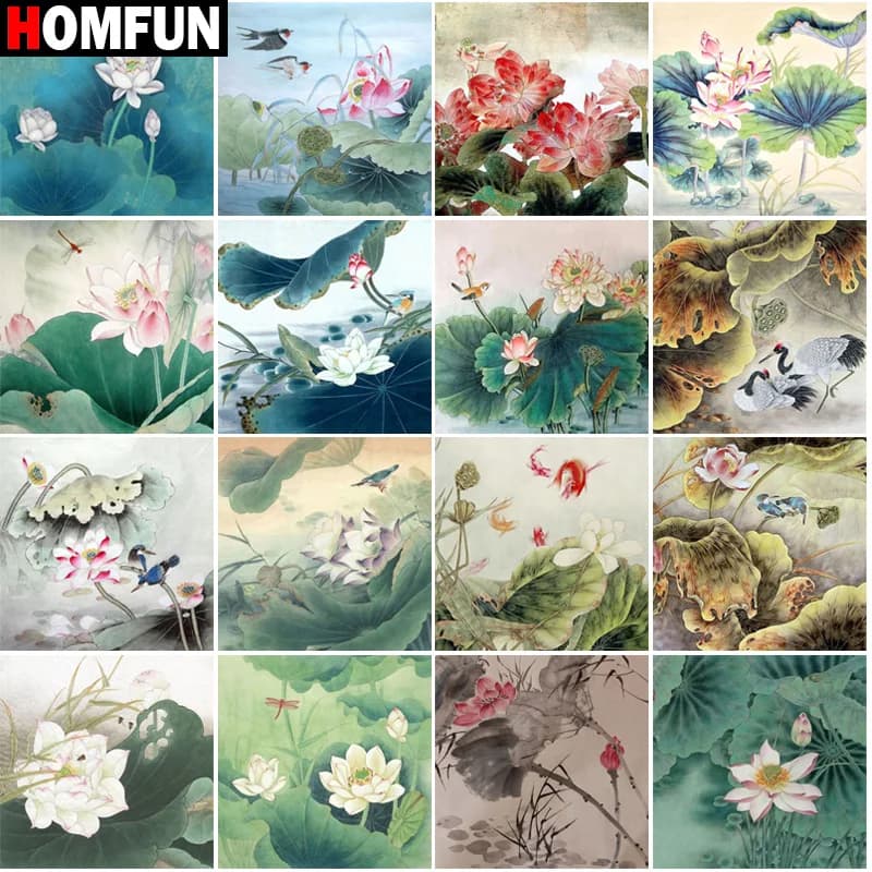 HOMFUN Pittura diamante fai da te "Paesaggio di loto" Trapano completo Quadrato Diamante rotondo Ricamo 5D Punto croce Decorazione della casa