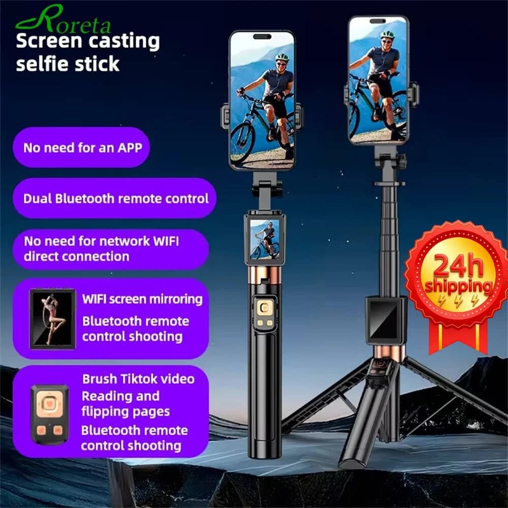 Roreta Asta Selfie Portatile Estensibile con Treppiede e Monitor per Selfie con Piccolo Schermo e Telecomando per Smartphone
